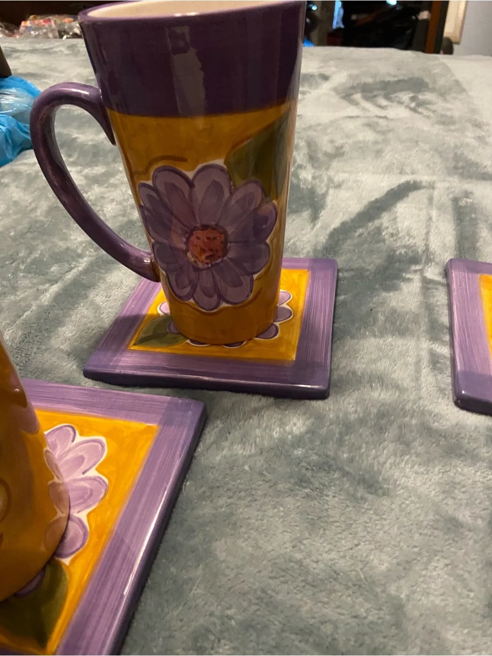 Classified Purple and Yellow Floral Ceramic Mug and Coaster Set - 4pc
